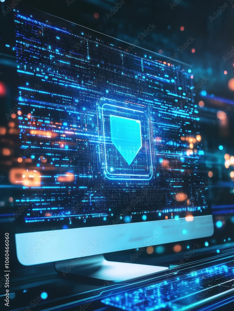 Poster a glowing protection icon is visible on a computer screen surrounded by vibrant digital data streams