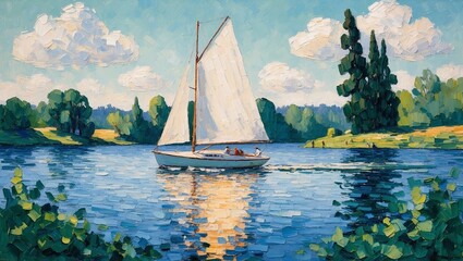 Sailboat on a lake in Post-Impressionism style. Created with generative AI technology