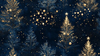 Elegant Christmas trees with fine gold outlines, sparkling baubles in various shades, deep midnight blue background, warm glow around the trees, detailed glitter effect, hd quality, holiday ambiance.