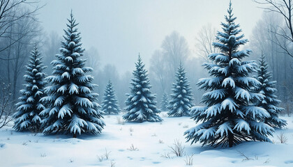 Fototapeta premium Abandoned Christmas trees in snow, melancholy atmosphere, mixed media collage, cold color palette