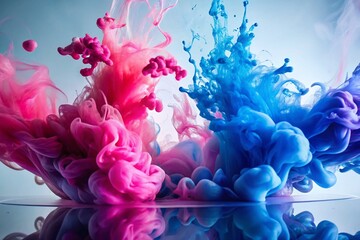 Fototapeta premium Close-Up of Pink and Blue Ink Swirling in Water, Artistic Abstract Background, Colorful Ink Dissolution, Fluid Dynamics, Vibrant Colors, Creative Water Art, Liquid Motion