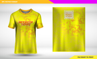 yellow and orange triangle Fabric textile design for Sport t-shirt, Soccer jersey mockup for football club. uniform front view