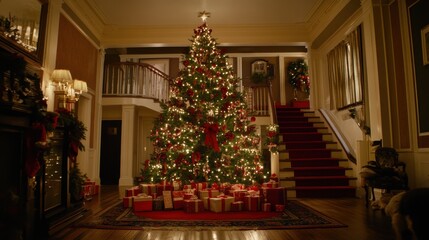 Fototapeta premium Cozy and Festive Christmas Scene in a Grand Home Entrance