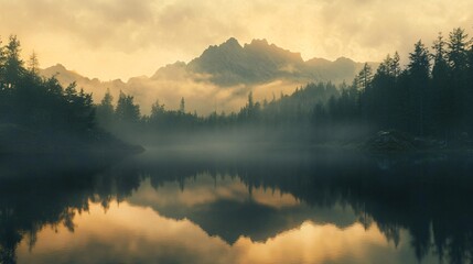 Fototapeta premium Misty Mountain Lake at Sunrise