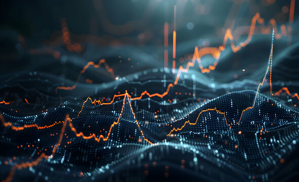 The background is dark blue, with an abstract financial chart and stock market graph glowing in the foreground