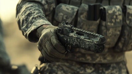 A close-up of a soldier holding a non-lethal defense weapon designed for peacekeeping missions.