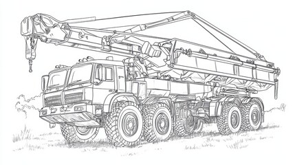 Detailed Outline of Crane Truck with Extended Arm