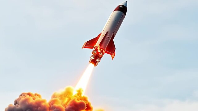 Rocket Launch: A powerful rocket ascends into a clear sky, leaving a fiery trail of smoke and flames.  A breathtaking image of innovation and exploration. 