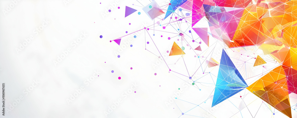 Poster abstract polygonal background with colorful triangles and dots, with white space in the center for t