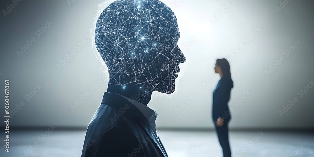 Poster ai and human interaction minimalist white background with space for text
