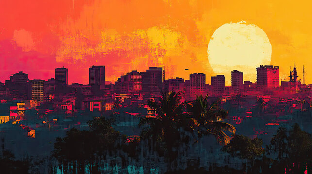Mbeya, Tanzania, Pop Art style theme print. Cityscape, city skyline.Vibrant, bright, modern, trendy, graphic designed for poster, card, wallpaper