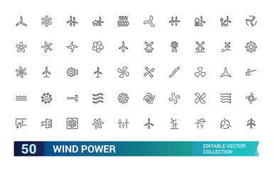 Wind Power icon collection. Related to energy, turbines, sustainability, eco-friendly, renewable, electricity, green energy, and more. Editable stroke. Vector illustration.