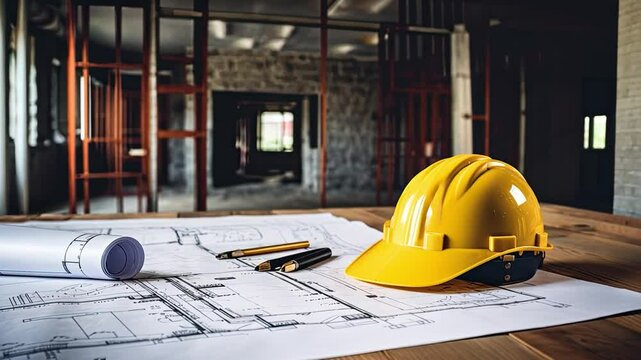 Construction Blueprint: A yellow hard hat rests on a blueprint spread out on a wooden table, surrounded by pencils and a rolled-up blueprint.