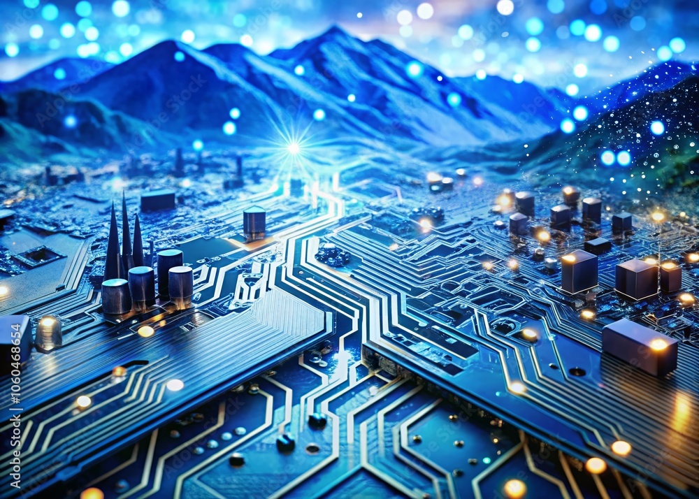 Poster closeup of a computer circuit board with detailed electronic components and blue connections in stun