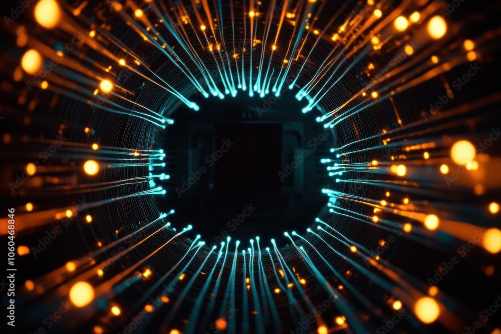 Leinwandbilder glowing lines radiate from the center around network cables and a router, creating a vibrant abstrac