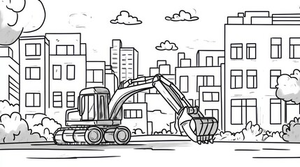 Obraz premium Playful excavator illustration with bold outlines, perfect for a kids' coloring page featuring large, fun shapes.