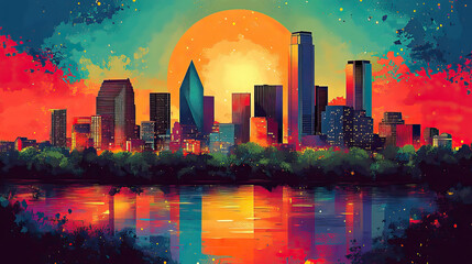 Fototapeta premium McKinney, USA, Pop Art style theme print. Cityscape, city skyline.Vibrant, bright, modern, trendy, graphic designed for poster, card, wallpaper