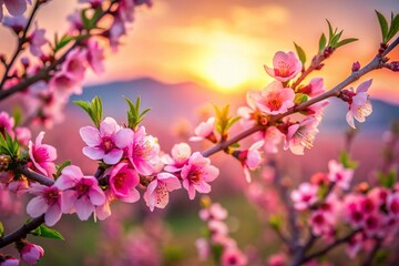 Obraz premium Closeup of Blooming Peach Branch in Greece - Stunning Pink Peach Flowers at Sunset, Spring Blossoms on Peach Tree, Nature's Beauty in Tilt-Shift Photography
