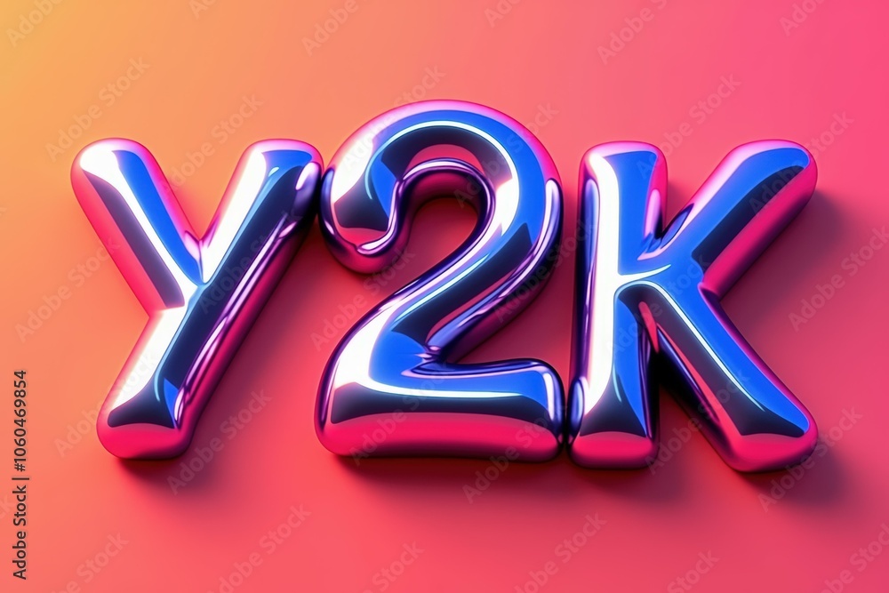 Poster vibrant y2k metallic text on gradient background for futuristic design.