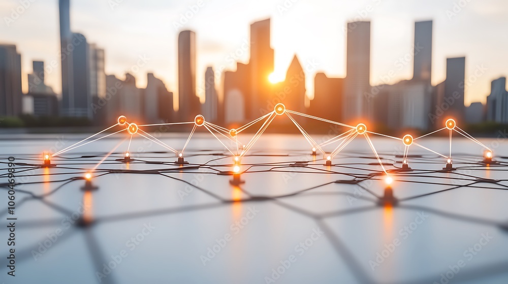 Aufkleber network connection in a city subtle blur background with space for custom text