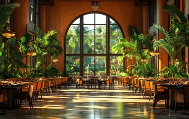 Obraz premium Elegant restaurant interior with large windows, tropical plants, and inviting ambiance.