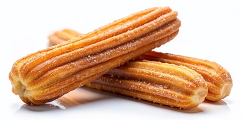 Closeup of Three Delicious Churros Stacked Isolated on White Background - Perfect for Dessert and Snack Lovers, Ideal for Food Blogs and Culinary Promotion