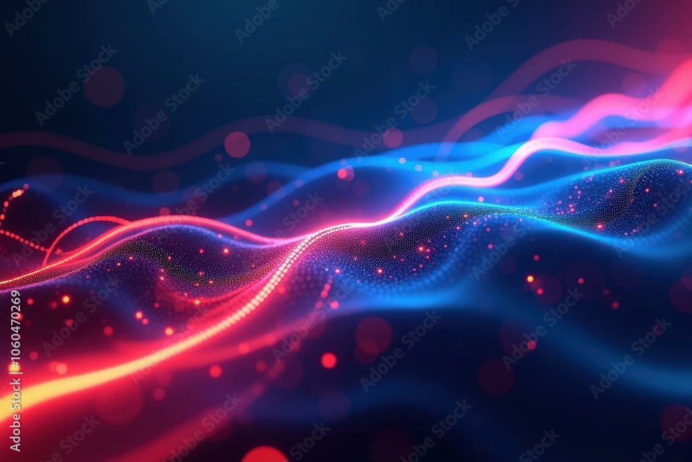 Canvas Prints abstract futuristic neon light waves with vibrant particles in motion.
