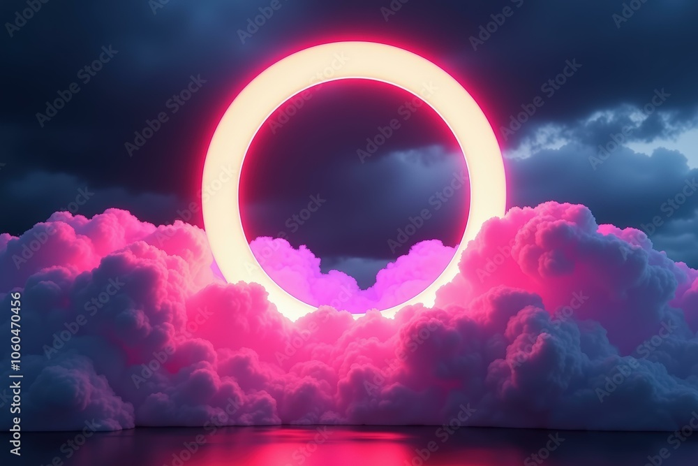 Poster surreal neon eclipse with glowing ring in dark clouds capturing futuristic atmosphere.