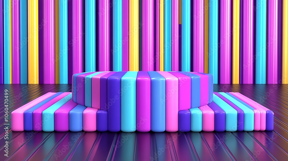 Poster colorful striped platform for product display smooth blue background with copy space for advertiseme