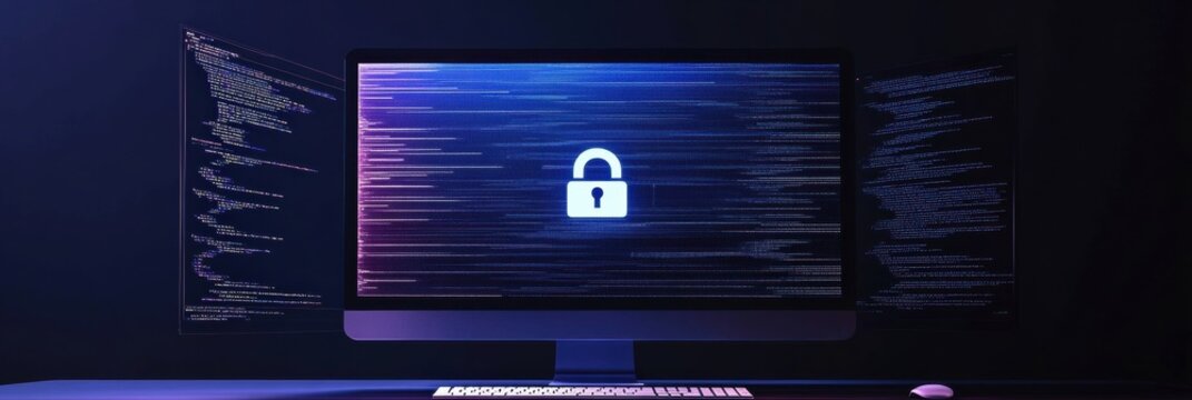 A computer screen features a prominent lock icon with flowing code in the background, symbolizing cybersecurity in a dark setting. Generative AI