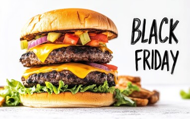 "BLACK FRIDAY" written in bold next to a delicious, stacked burger with melting cheese and fresh toppings, bright and appetizing against a plain white background 