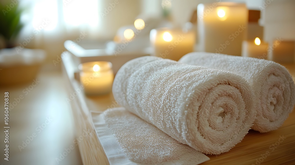 Poster relaxing spa with candles and soft towels