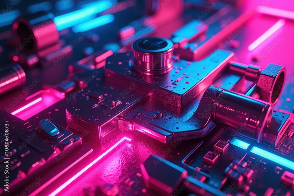 Poster futuristic tech design with neon lights and circuit details for innovative digital concepts.