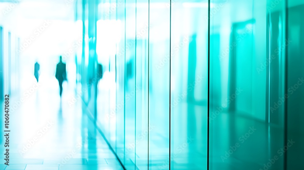 Aufkleber blurry people walking in a modern office building plain textured background for web design and copy