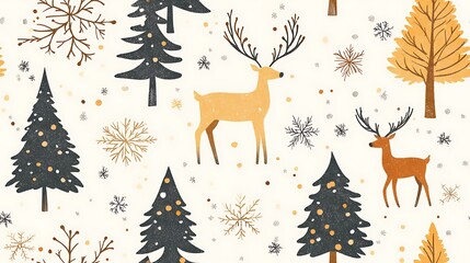 Naklejka premium Simple Nordic Christmas trees in earthy colors, gentle hand-drawn snowflakes and reindeer around, vintage-inspired holiday pattern, soft rustic look, hd quality. --ar 16:9 --tile