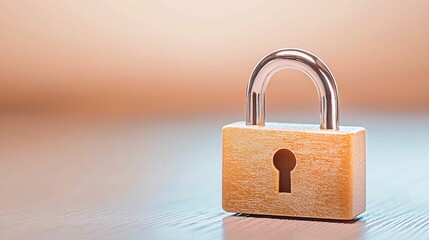 Fototapeta premium A close-up of a wooden padlock on a table, symbolizing security and protection with a soft, blurred background.
