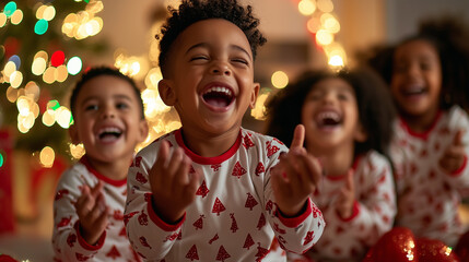 Children Playing Charades in Holiday Pajamas with Joyful Expressions