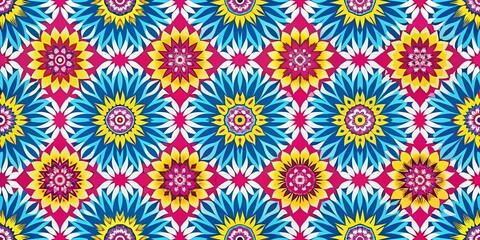 Colorful abstract seamless pattern featuring pink, yellow, blue, and white shades, perfect for contemporary home decor and innovative design projects, enhancing spaces with vibrancy.