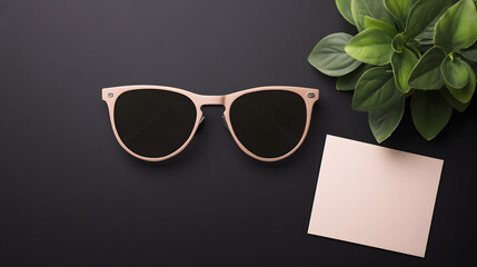 Aesthetic arrangement of sunglasses on a dark canvas with lush foliage and blank note for artistic inspiration