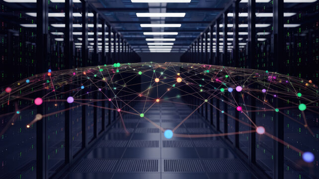 A captivating digital representation of a network with colorful nodes above a high-tech server room, showcasing innovation and connectivity in technology. - Powered by Adobe