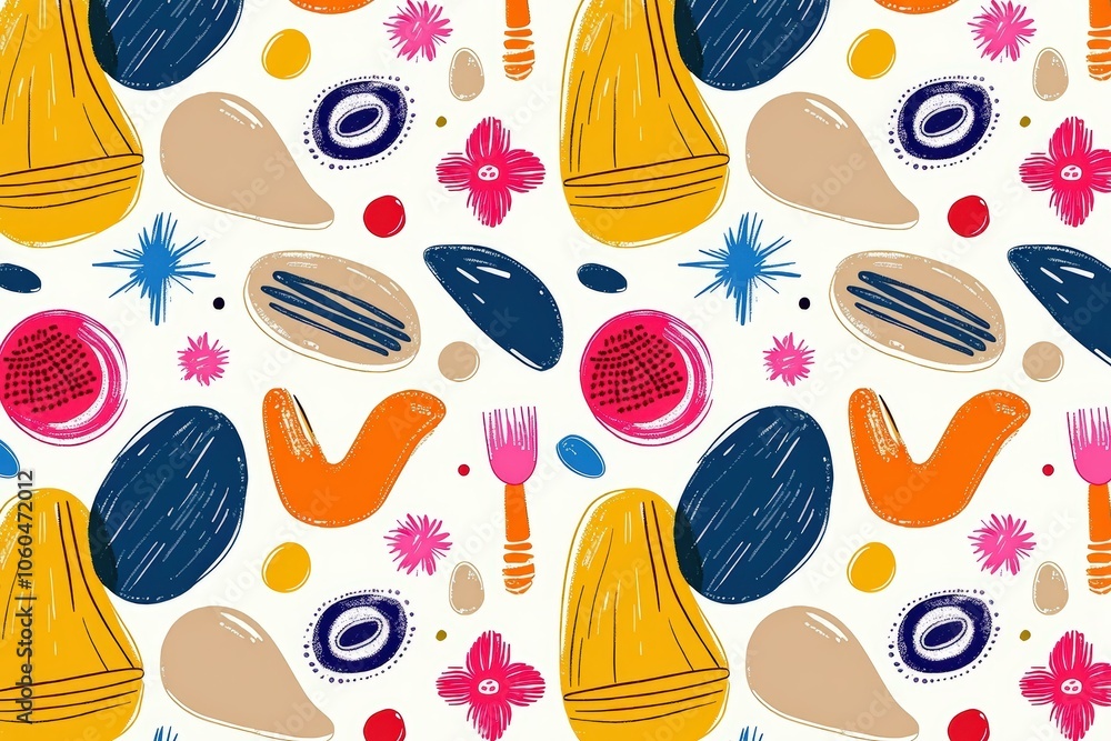 Poster abstract pattern with colorful shapes and floral elements for creative background design.