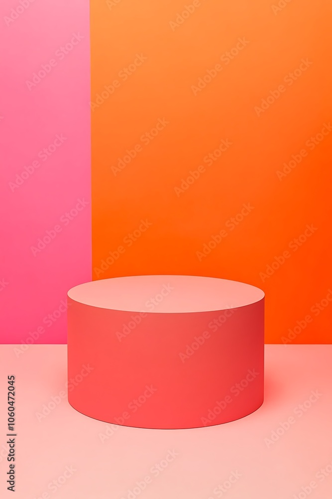 Poster pink and orange background with a cylinder plain textured background for web design and copy