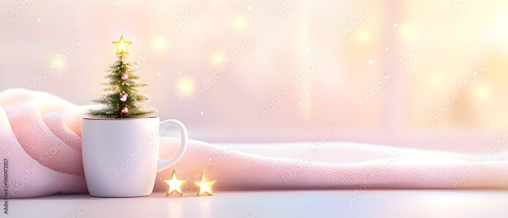 Poster a white cup with a tree in it and two stars on a table