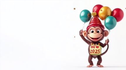 Fototapeta premium Cheerful monkey cartoon in a 'New Year 2025' costume, holding balloons on a white background