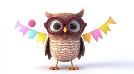 Fototapeta premium Festive cartoon owl in '2025' party glasses and a celebratory banner on white