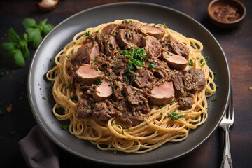 Top View of Linguine Pasta with Crispy Fried Chicken Liver.