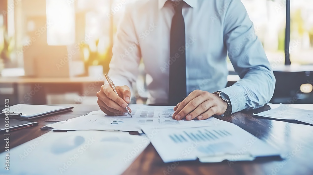 Poster businessman reviewing financial data subtle blur background with space for custom text