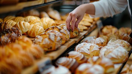 Baker woman is choosing a loaf of freshly baked bread from a wooden shelf in a bakery shop, surrounded by a variety of pastries