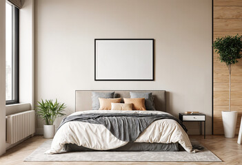 Interior view of contemporary bedroom with frame mockup on the wall