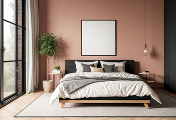Interior view of contemporary bedroom with frame mockup on the wall